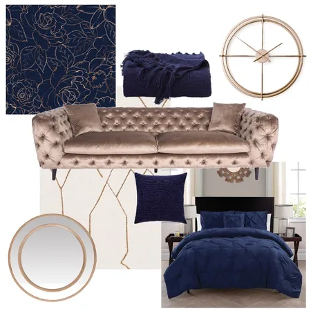 Gold and Blue Bedroom Interior Design Mood Board by Elaina on Style Sourcebook