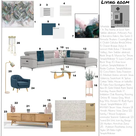 teal and pink midcentury living room Interior Design Mood Board by Ruth Fisher on Style Sourcebook