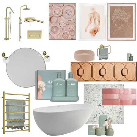 Pink and Sage themed Bathroom with gold fixtures moodboard Interior Design Mood Board by bethannie96 on Style Sourcebook