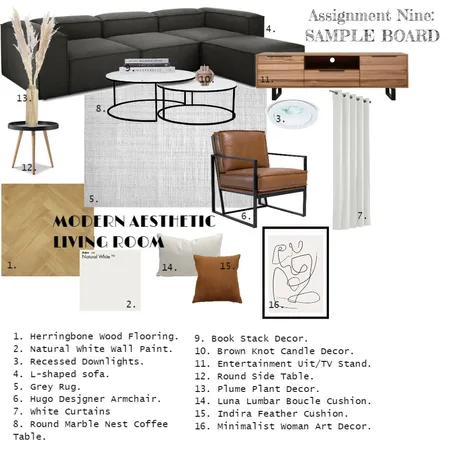 Assignment Nine: Accented Achromatic Living Room: SAMPLE BOARD Interior Design Mood Board by Tatii on Style Sourcebook