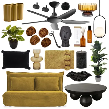 Mustard and Black Living Room 🪴🛋️ Interior Design Mood Board by Lighting Illusions on Style Sourcebook