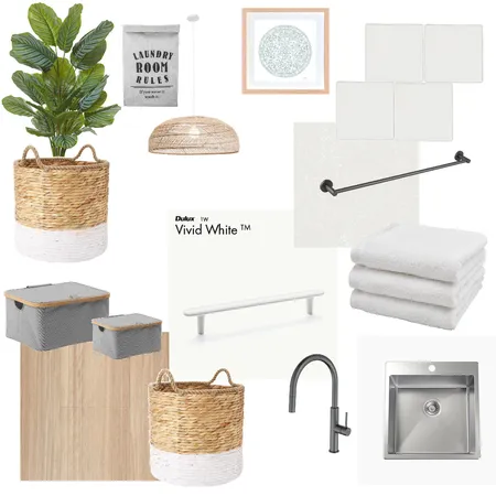 Laundry white, white tile, rattan pendant, chestnut floor Interior Design Mood Board by alipearce82 on Style Sourcebook