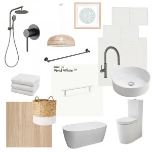 Bathroom white, white tile, rattan pendant, chestnut floor Interior Design Mood Board by alipearce82 on Style Sourcebook