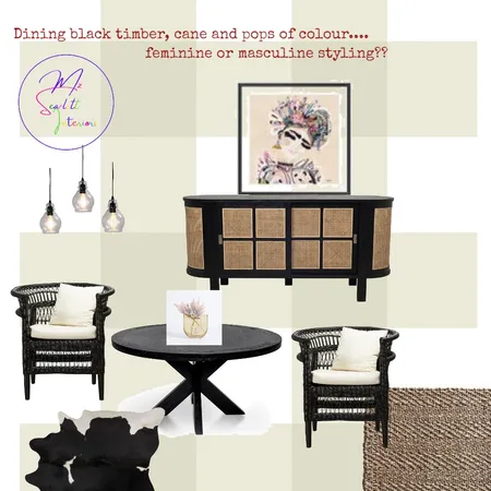 Dining black timber, cane and pops of colour Interior Design Mood Board by Mz Scarlett Interiors on Style Sourcebook
