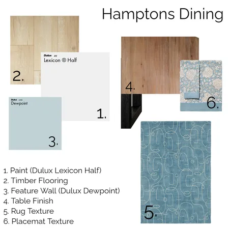 Hamptons Dining Paint and Fabric Board Interior Design Mood Board by hayleyponchard on Style Sourcebook
