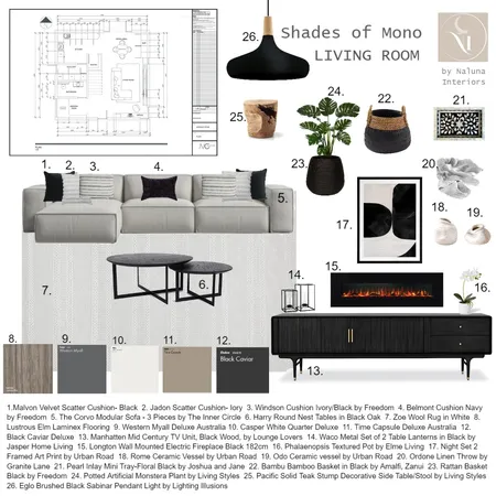 Living Room - Shades Of Mono - Sample Board Interior Design Mood Board by Natalie on Style Sourcebook