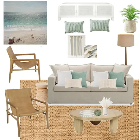 Sand Beige 3 seat Sofa Bed  & Leather armchairs- Andros Island print Interior Design Mood Board by LaraMcc on Style Sourcebook