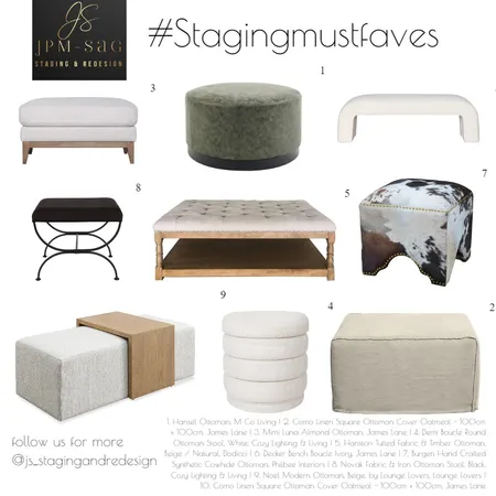 Staging must faves : Ottomans / Benches Interior Design Mood Board by JPM+SAG Staging and Redesign on Style Sourcebook