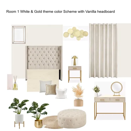 Room 1, white & Gold Color Scheme with Vanilla headboard Interior Design Mood Board by Asma Murekatete on Style Sourcebook
