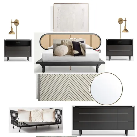 Black and neutral Rattan Bedroom Interior Design Mood Board by Jennjonesdesigns@gmail.com on Style Sourcebook