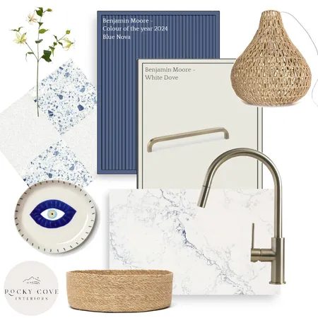 Blue and Taupe Kitchen Flat lay Interior Design Mood Board by Rockycove Interiors on Style Sourcebook
