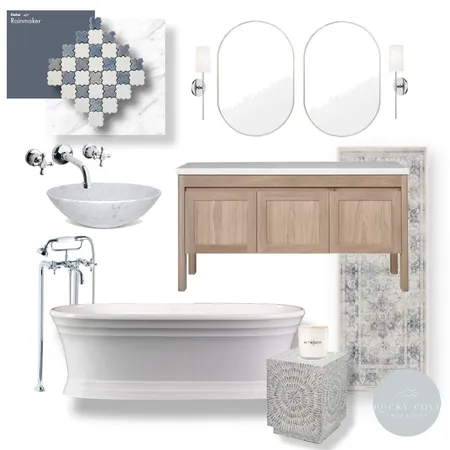 White and blue calming bathroom Interior Design Mood Board by Rockycove Interiors on Style Sourcebook