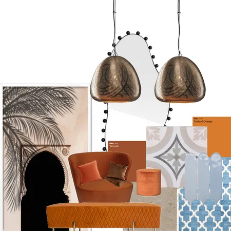 Immerse yourself in the rich textures and colors of Moroccan design, featuring a striking orange bunt paired with chic blue elements. This combination not only enhances your space but also tells a story of heritage and modernity. Interior Design Mood Board by Bianca -Studio Property on Style Sourcebook