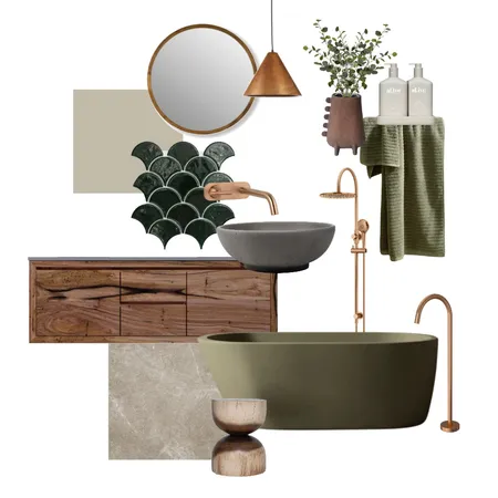 Moody Green, Dark Timber & Copper Bathroom Moodboard Interior Design Mood Board by Her Decorating Business on Style Sourcebook