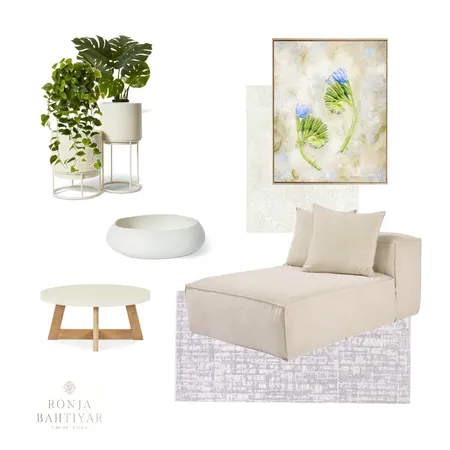 The Harmony of Beige and Blue: Creamy Soft Elegance Meets Floral Art in Beige and Blue in A Welcoming Living Space Interior Design Mood Board by Ronja Bahtiyar Art on Style Sourcebook