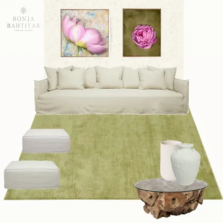 Harmonious Greens, Linen and Floral Art for Living Room Interior Design Mood Board by Ronja Bahtiyar Art on Style Sourcebook