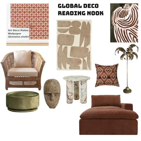 Global Deco Reading Nook Interior Design Mood Board by Bonaise Surface Designer (Textiles, Wallpaper + More) on Style Sourcebook