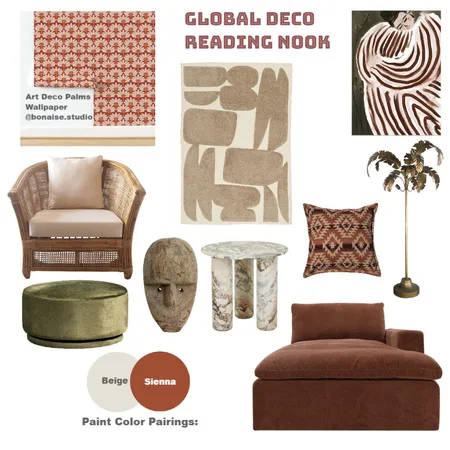 Global Deco Reading Nook Interior Design Mood Board by Bonaise Surface Designer (Textiles, Wallpaper + More) on Style Sourcebook