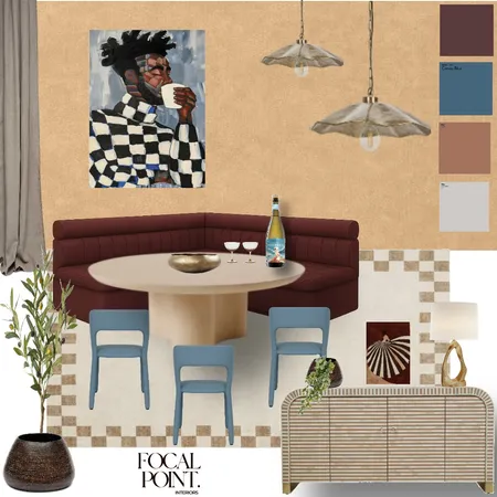 Burgundy Metallic Blue Banquet Dining Room Interior Design Mood Board by Focal Point Interior on Style Sourcebook