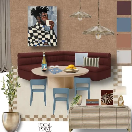 Burgundy Metallic Blue Banquet Dining Room Interior Design Mood Board by Focal Point Interior Design
