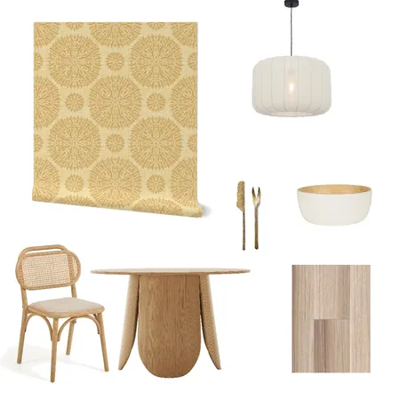 Yellow Japandi Dandelion Sunburst Wallpaper for Kitchen Nook Interior Design Mood Board by ashclarkart on Style Sourcebook