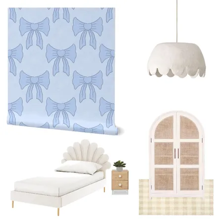 Cottagecore Blue Bows Wallpaper for Teen Girl’s Room Interior Design Mood Board by ashclarkart on Style Sourcebook