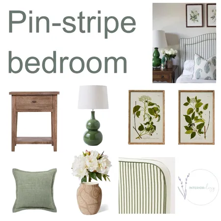 Green bedroom with pinstripe bedhead Interior Design Mood Board by interiorology on Style Sourcebook