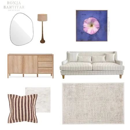 Cozy Elegance: Living‑Room Mood Board with a Blue‑and‑Pink Giclée Floral Print Interior Design Mood Board by Ronja Bahtiyar Art on Style Sourcebook