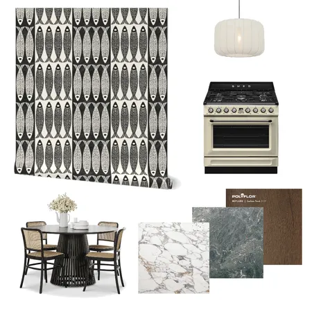 Block Print Sardine Wallpaper for Nautical Kitchen  Decor Interior Design Mood Board by ashclarkart on Style Sourcebook