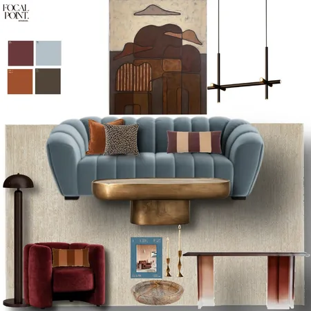 Blue, Red Wine, Terracotta, Chocolate Lounge Interior Design Mood Board by Focal Point Interior Design
