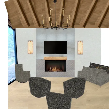 Cabin Loft - light tile/pattern w black and gold chandelier Interior Design Mood Board by AlexaWhitehurst