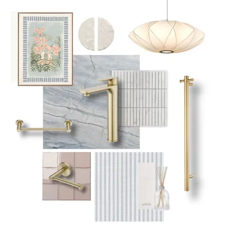 Baby Pink and Blue Bathroom with Light Brushed Brass Interior Design Mood Board by Aquaperla