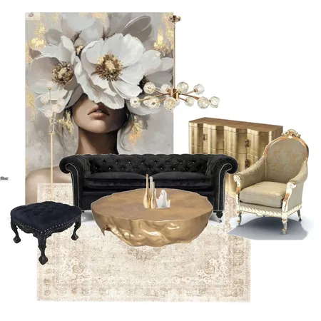 LIVING ROOM VINTAGE GOLD-BLACK WHITE BEIGE Interior Design Mood Board by amna.f