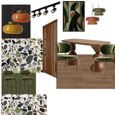 Kitchen Green Orange Oak wood Interior Design Mood Board by amna.f
