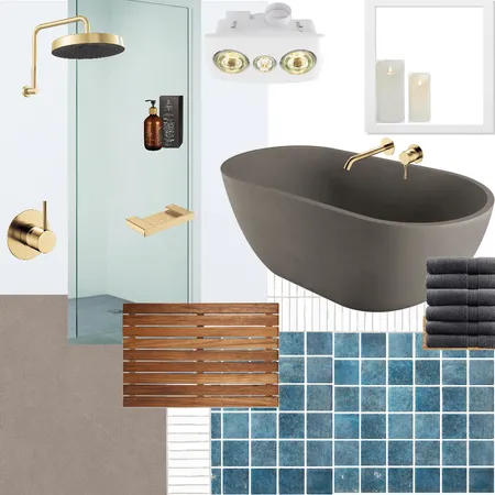 Grey and blue brass bathroom Interior Design Mood Board by allofuswithwings