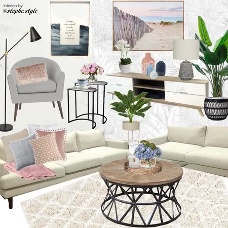 living room blue pink white black Interior Design Mood Board by stephc.style
