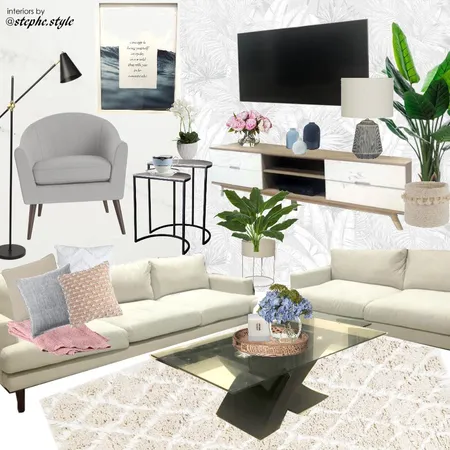living room blue pink white black with tv Interior Design Mood Board by stephc.style