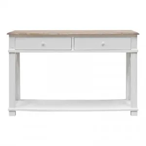 Belley Hand Crafted Mindi Wood Console Table with Shelf, 125cm, White / Weathered Oak by Millesime, a Console Table for sale on Style Sourcebook