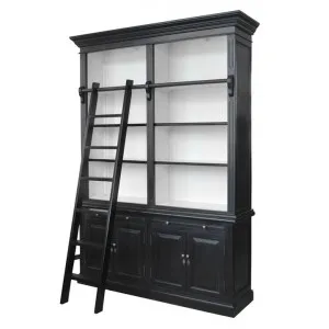 Ampuis 2-Bay Birch Timber Library Bookcase with Ladder, Black by Manoir Chene, a Bookshelves for sale on Style Sourcebook