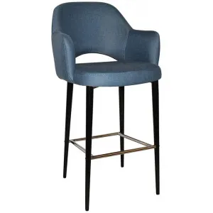 Albury Commercial Grade Gravity Fabric Bar Stool with Arm, Metal Leg, Denim / Black Brass by Eagle Furn, a Bar Stools for sale on Style Sourcebook