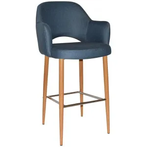 Albury Commercial Grade Gravity Fabric Bar Stool with Arm, Metal Leg, Denim / Light Oak by Eagle Furn, a Bar Stools for sale on Style Sourcebook