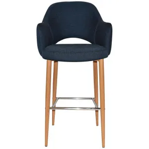 Albury Commercial Grade Gravity Fabric Bar Stool with Arm, Metal Leg, Navy / Light Oak by Eagle Furn, a Bar Stools for sale on Style Sourcebook