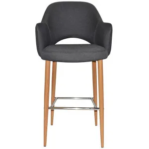 Albury Commercial Grade Gravity Fabric Bar Stool with Arm, Metal Leg, Slate / Light Oak by Eagle Furn, a Bar Stools for sale on Style Sourcebook