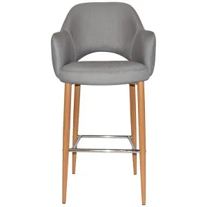 Albury Commercial Grade Gravity Fabric Bar Stool with Arm, Metal Leg, Steel / Light Oak by Eagle Furn, a Bar Stools for sale on Style Sourcebook