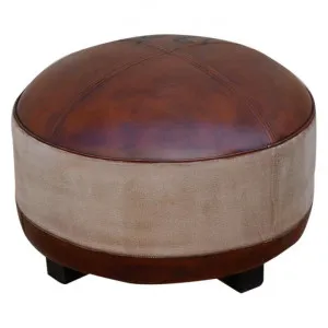Santiago Hand Crafted Leather & Canvas Round Ottoman with Timber Legs by Philbee Interiors, a Ottomans for sale on Style Sourcebook