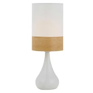 Akira Ceramic Base Table Lamp, White Base / Ivory & Oak Shade by Telbix, a Table & Bedside Lamps for sale on Style Sourcebook
