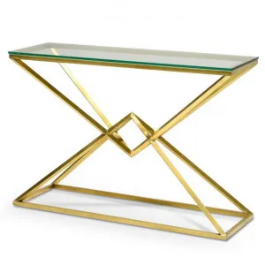 Hayes 1.2m Glass Console Table - Gold Base by Interior Secrets - AfterPay Available by Interior Secrets, a Console Table for sale on Style Sourcebook