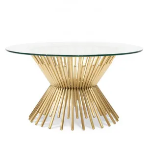 Sassy 90cm Round Glass Coffee Table - Brushed Gold Base by Interior Secrets - AfterPay Available by Interior Secrets, a Coffee Table for sale on Style Sourcebook