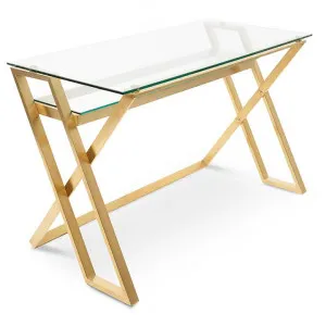Vanessa 120cm Glass Home Office Desk - Brushed Gold Base by Interior Secrets - AfterPay Available by Interior Secrets, a Desks for sale on Style Sourcebook