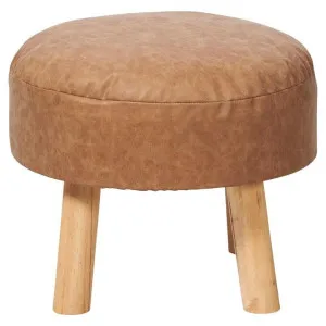 Rover Faux Leather & Pine Timber Round Ottoman Stool, Tan by Casa Uno, a Ottomans for sale on Style Sourcebook